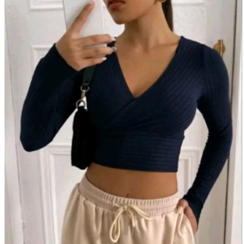 Transpassado Manga Longa Blusa Cropped Branco