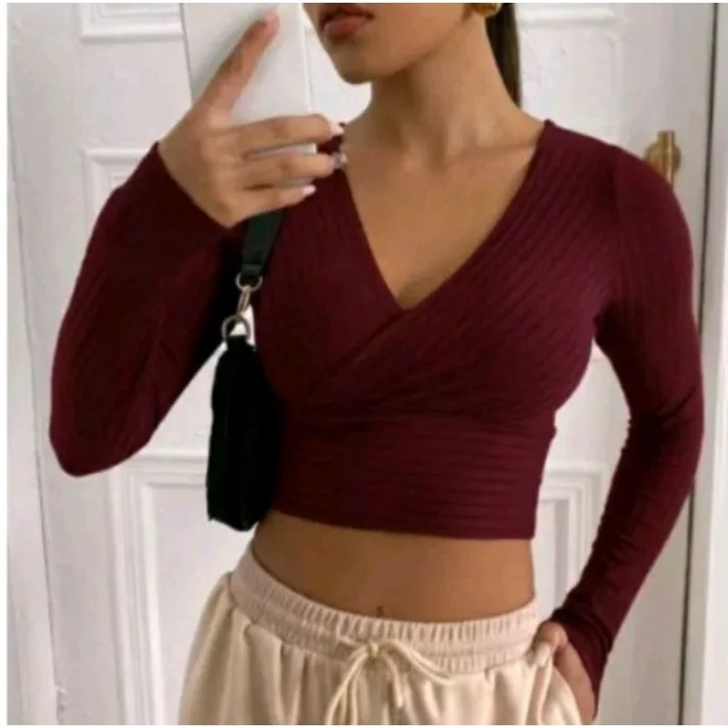 Transpassado Manga Longa Blusa Cropped Branco