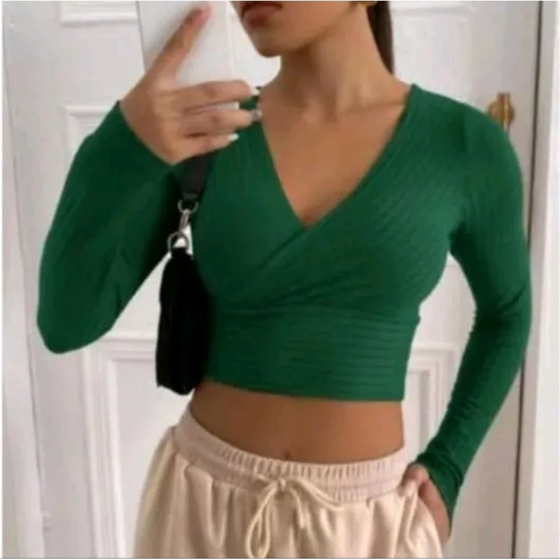 Transpassado Manga Longa Blusa Cropped Branco