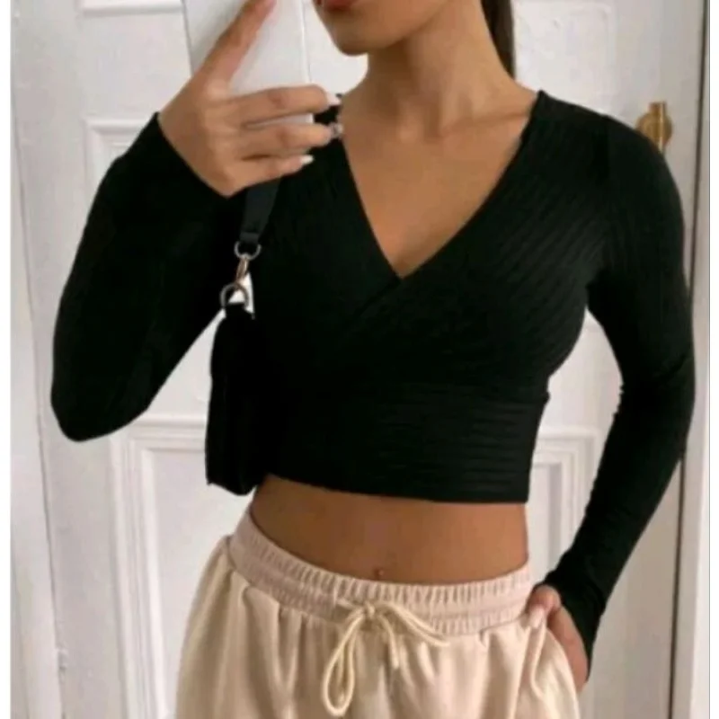 Transpassado Manga Longa Blusa Cropped Branco