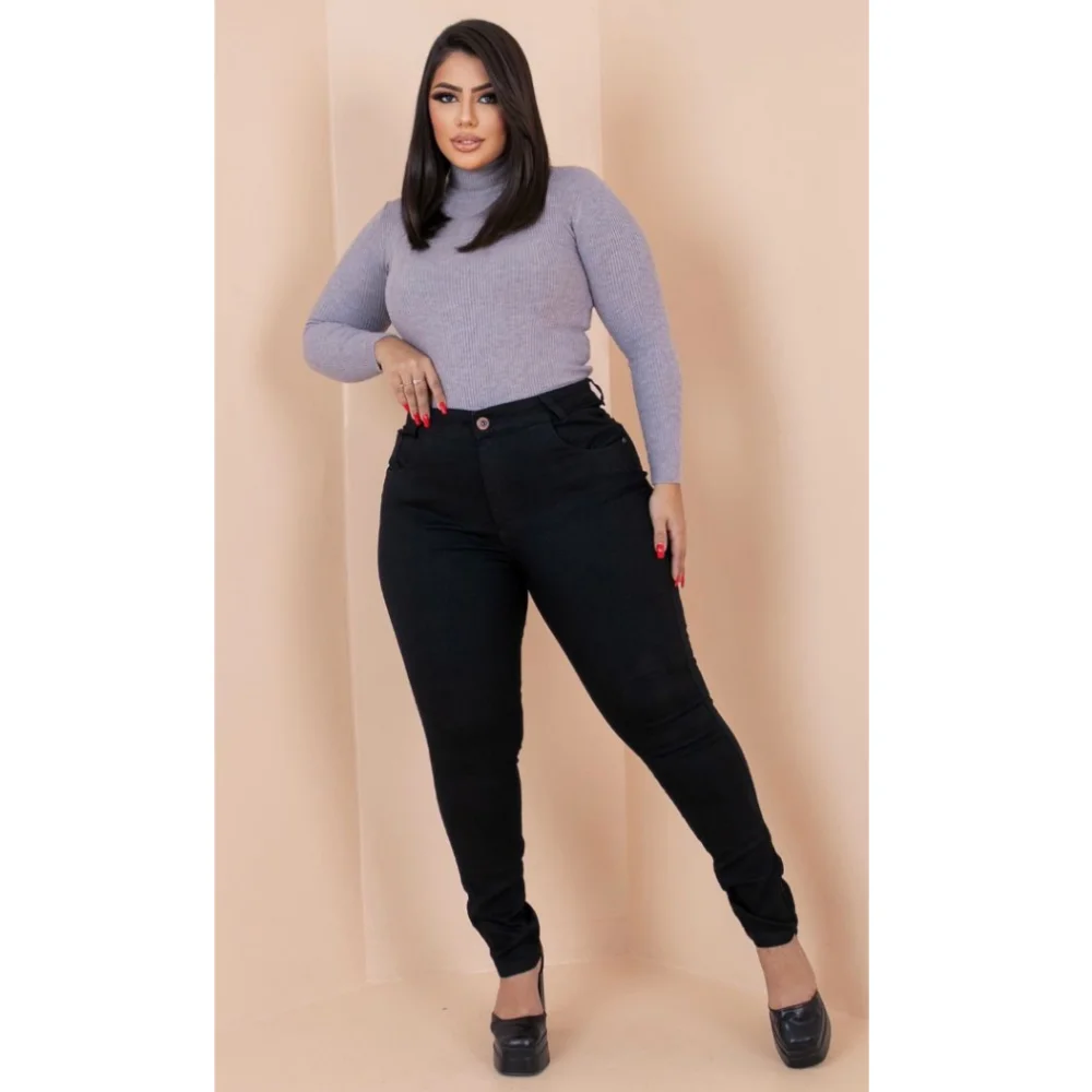 Calça Plus Size Feminina Preta Skinny Cintura Alta em Lycra 46