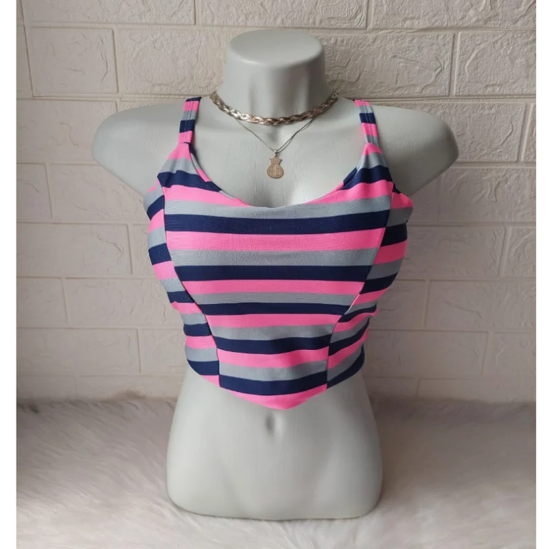 Blusa Cropped Feminina com Tiras nas Costas e Alcinha - Blogueirinha ROSA COM CINZA
