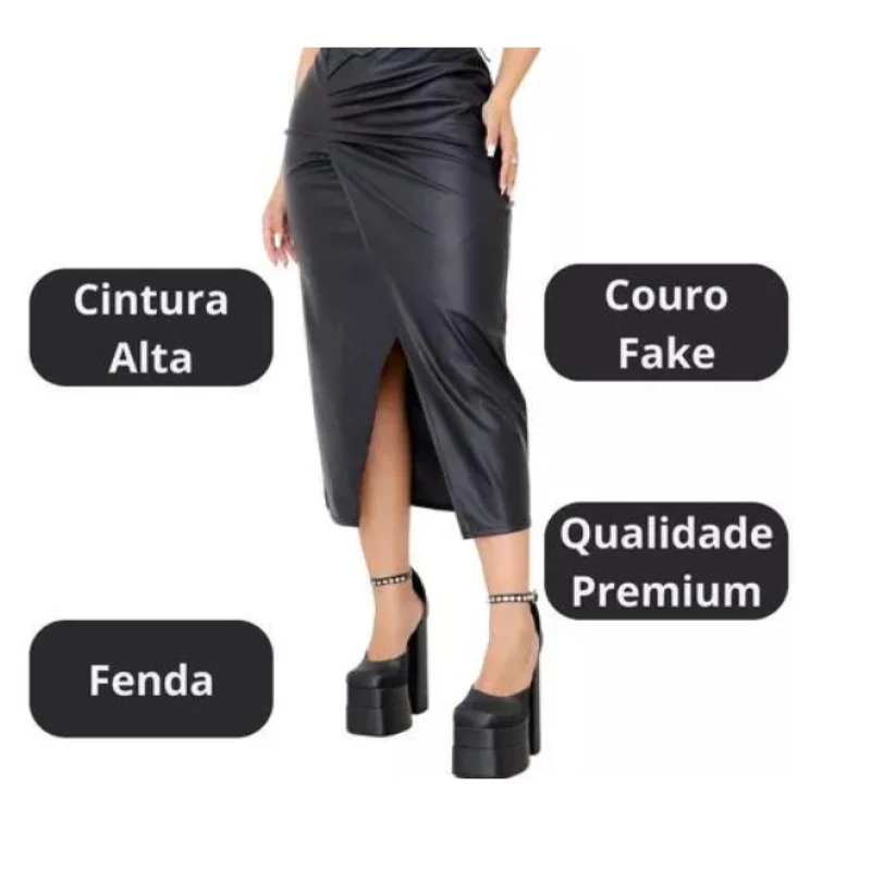 Lançamento Saia Transpassada Midi em Couro Eco Courino Preto