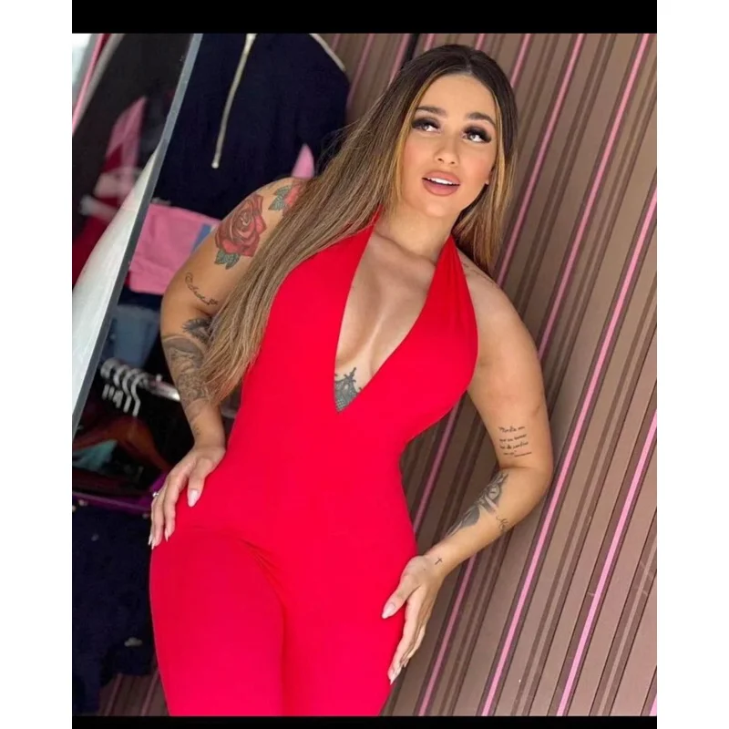 Macacão Longo Gringa Mirela Decote U em Tecido de Suplex Pink