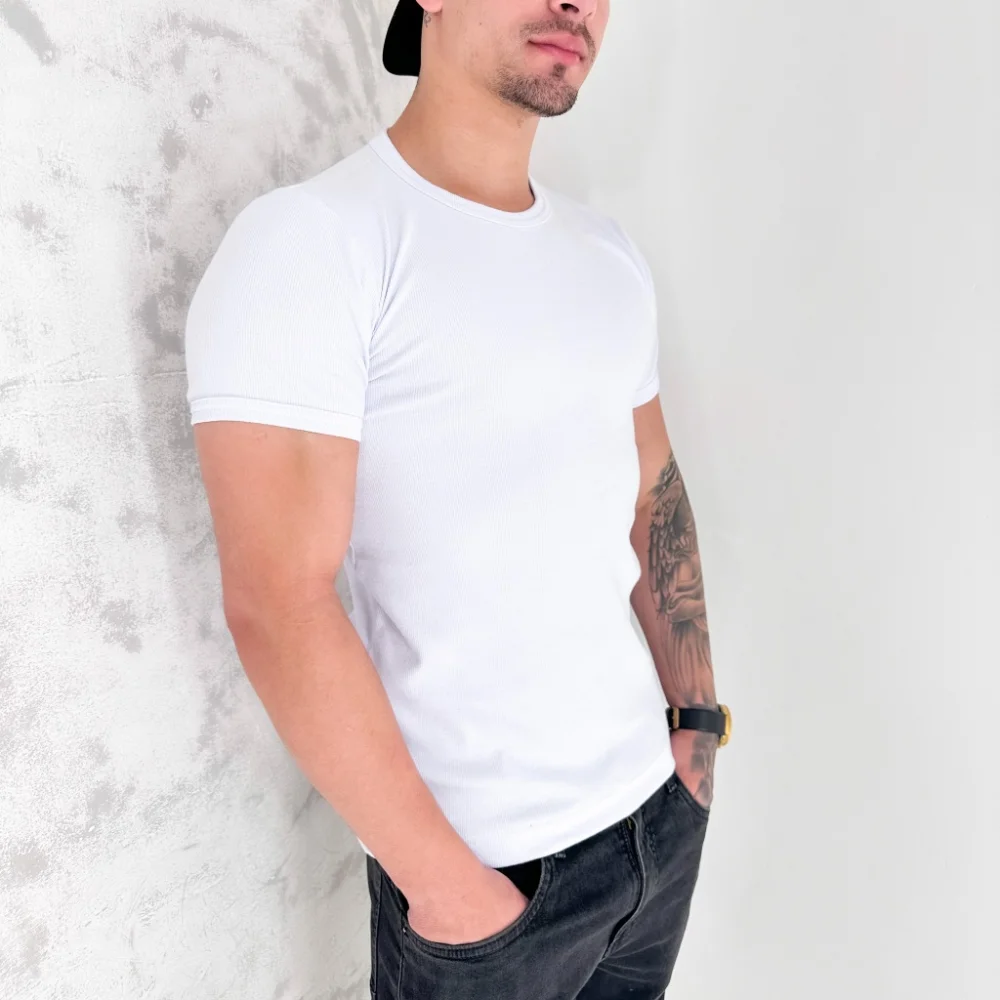 Estilo Americano Slim Camiseta Masculina Algodão Canelada Cinza