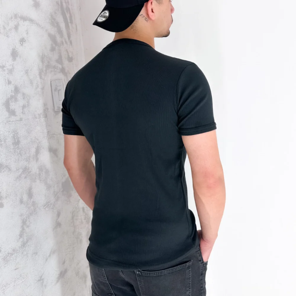 Estilo Americano Slim Camiseta Masculina Algodão Canelada Cinza