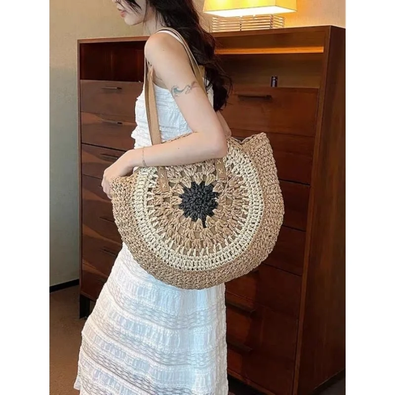 Saco de ombro feminino redondo de praia em palha para o verão S-20008 Bege