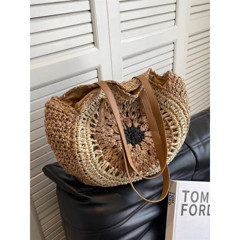 Saco de ombro feminino redondo de praia em palha para o verão S-20008 Bege