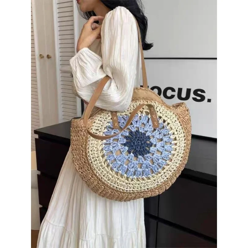 Saco de ombro feminino redondo de praia em palha para o verão S-20008 Bege