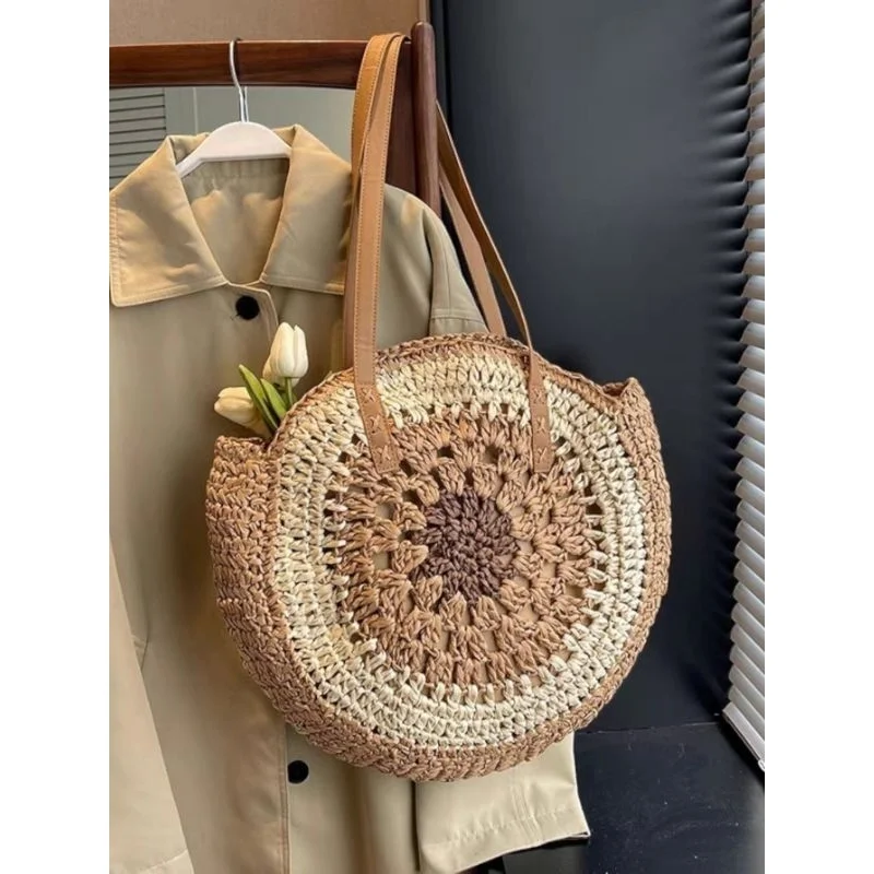 Saco de ombro feminino redondo de praia em palha para o verão S-20008 Bege