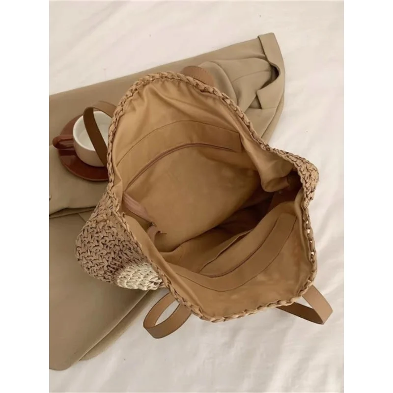 Saco de ombro feminino redondo de praia em palha para o verão S-20008 Bege