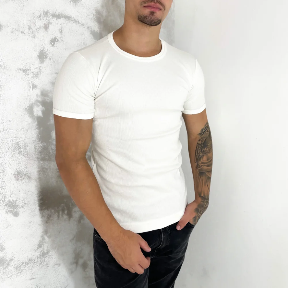 Estilo Americano Slim Camiseta Masculina Algodão Canelada Cinza