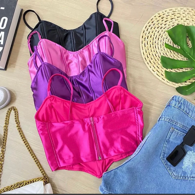 Cropeed Estiloso Malha Prada Com Bojo - Corset de Alça Preto