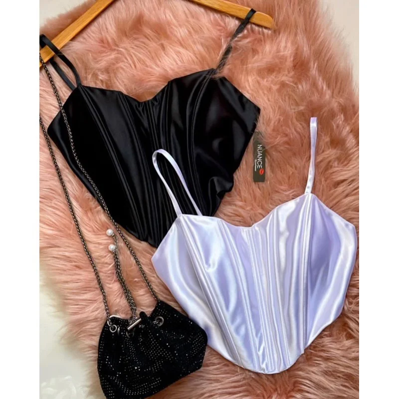 Cropeed Estiloso Malha Prada Com Bojo - Corset de Alça Preto