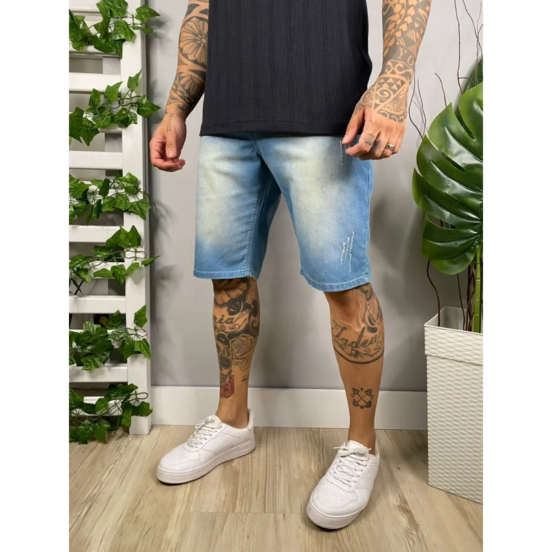 Bermuda Masculino Jeans Elastano Lycra 2023 Lavagem Azul médio