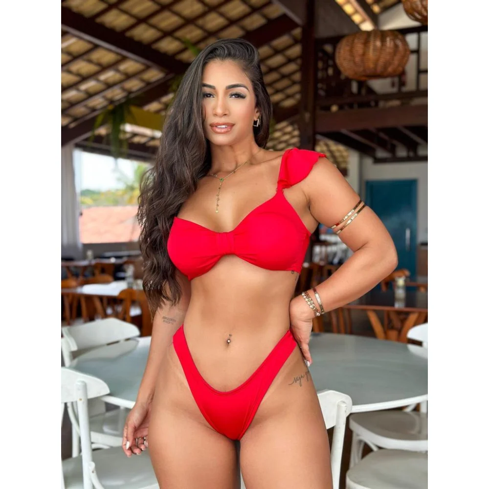Moda Blogueira Biquini Alça Top com Babado Varias Cores Azul Claro
