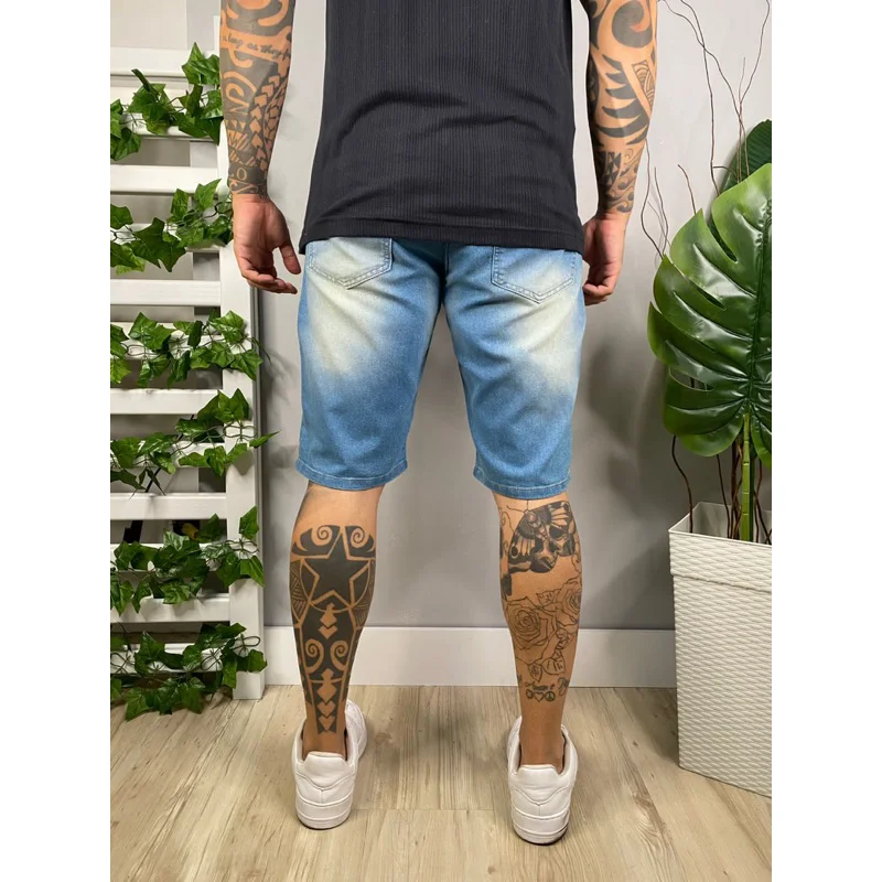 Bermuda Masculino Jeans Elastano Lycra 2023 Lavagem Azul médio