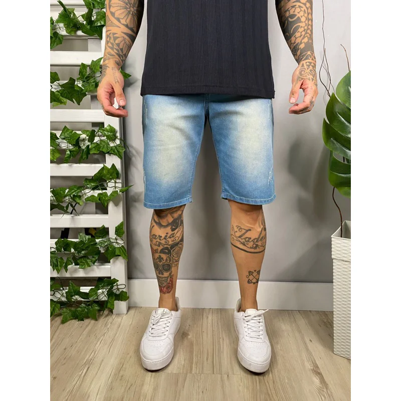 Bermuda Masculino Jeans Elastano Lycra 2023 Lavagem Azul médio