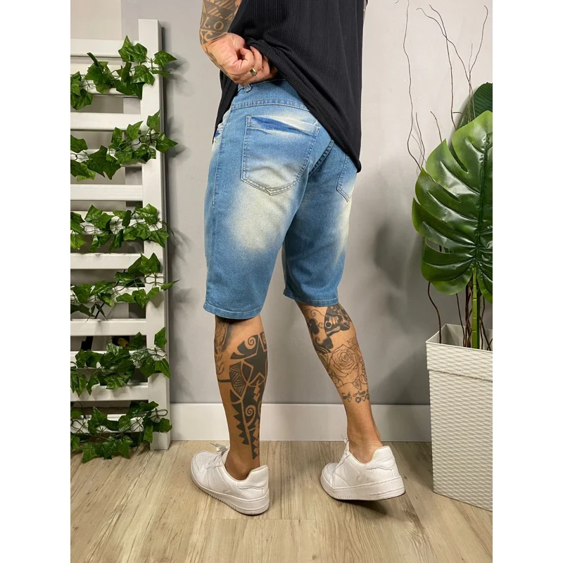 Bermuda Masculino Jeans Elastano Lycra 2023 Lavagem Azul médio