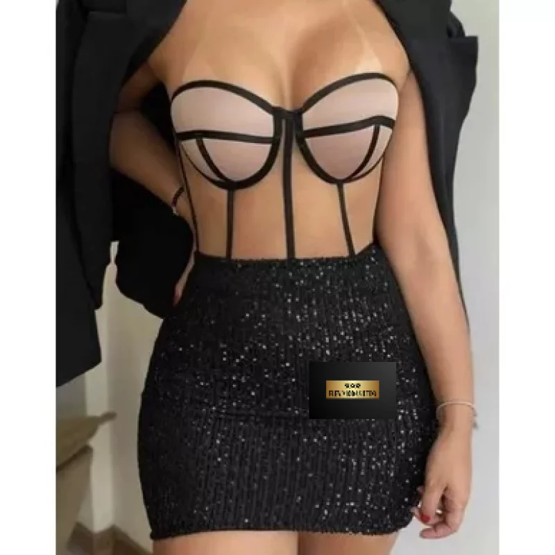 Mini Saia Feminina Preta de Paetê - Saia Curta Preto