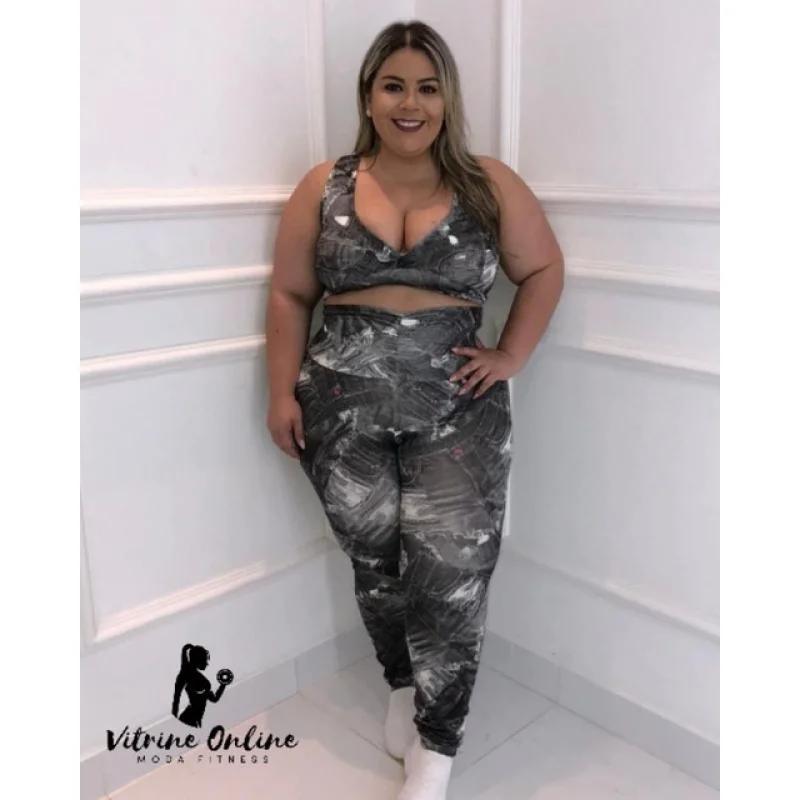 Moda Feminina Fitness: Conjunto Top + Calça Legging Plus Size Cós Alto Estampa 06