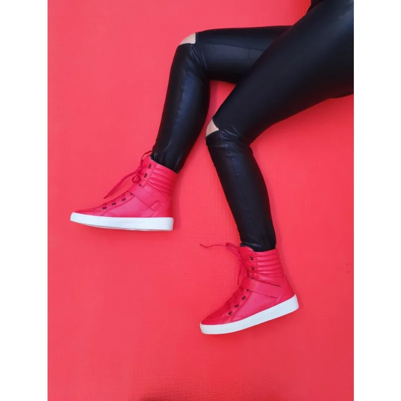 Moda Academia Tênis Botinha Cano Alto Feminina Vermelha Fechamento Velkro 38