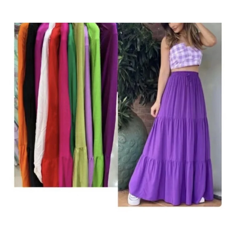 Saia longa de viscose feminina, liso cor verão Preto