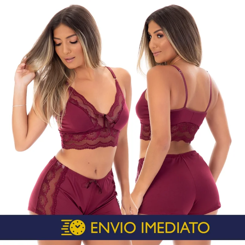 Moda Feminina Luxo Pijama Sexy Renda Noite Doll Baby Top | 832 Vinho
