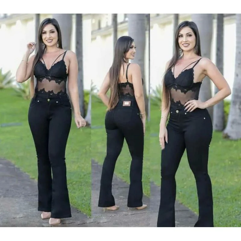 Cintura alta preta flare: calça de moda feminina 38