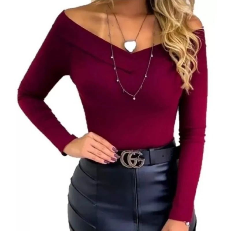Blusinha Feminina Ombro a Ombro Manga Longa Canelada Bordô