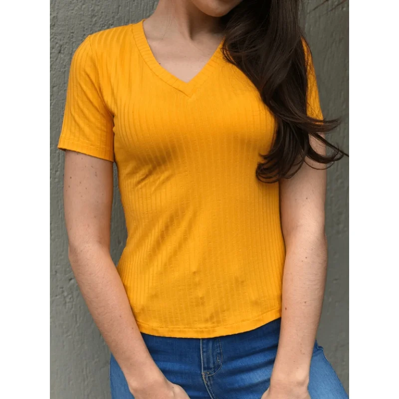 Blusa Feminina Manga Curta Gola V Canelada - Promoção mostarda