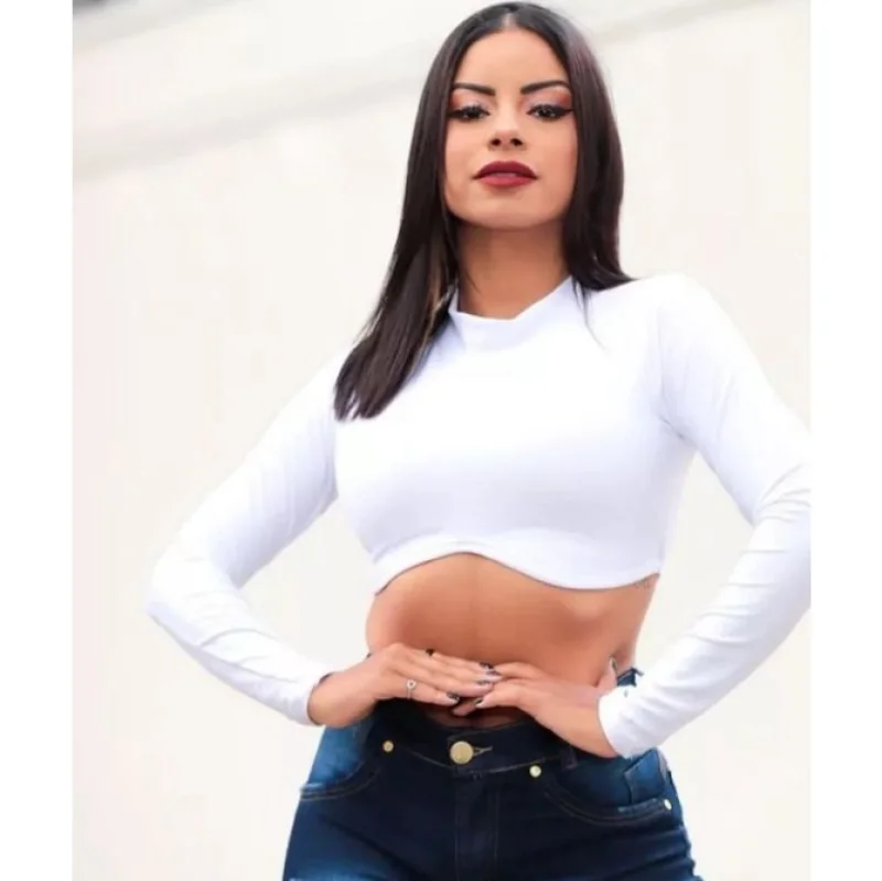 Top Cropped manga longa zebra com bojo Tam u - moda gringa Preto