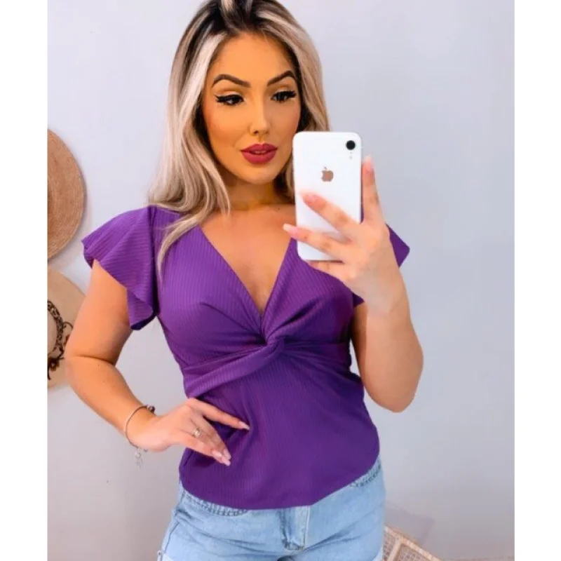 Promoção Blusa Manga Curta Decotada Canelada - P M G Preta