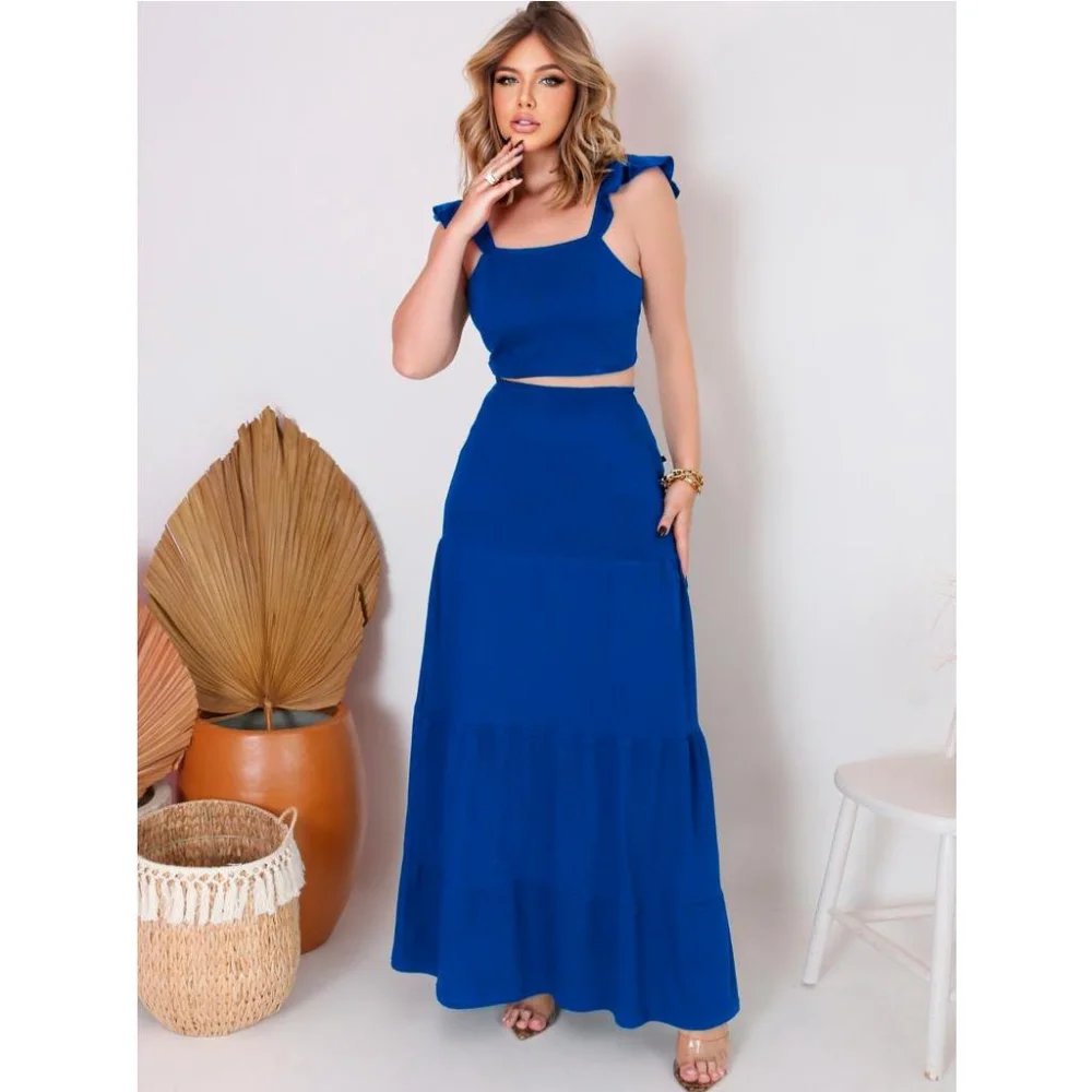 Moda feminina: Saia Longa + Cropped Top Casual Longo Preto