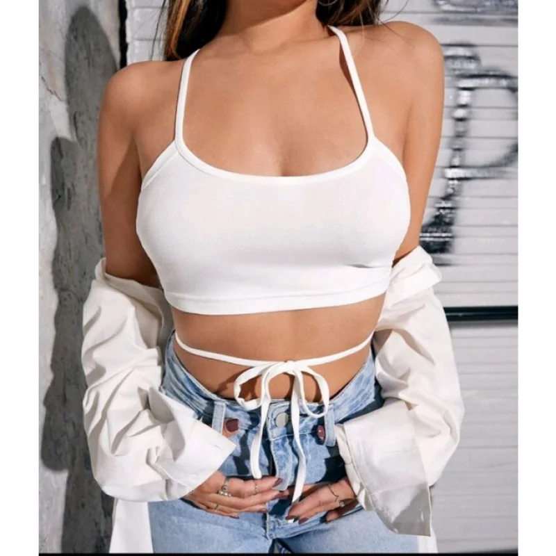 Amarração na cintura sem bojo - Cropped frente única de amarrar Branco