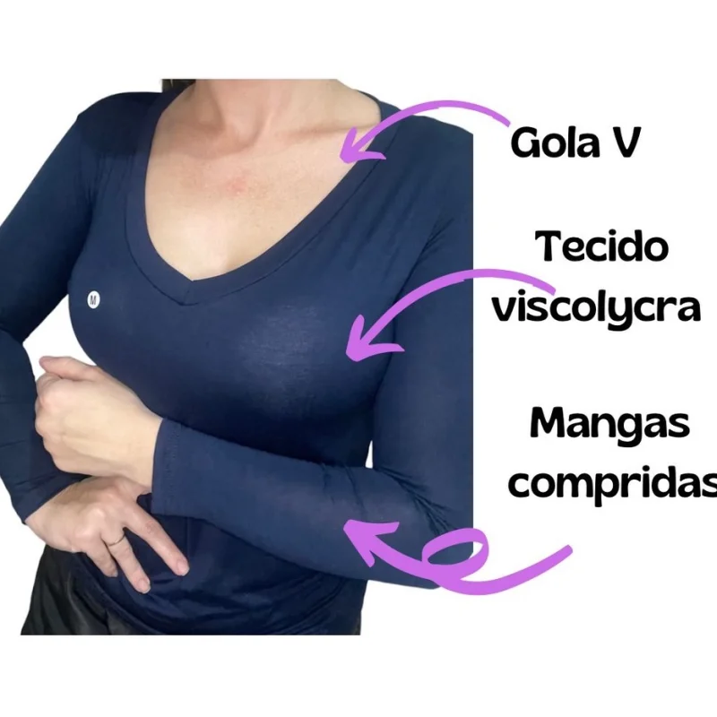 Blusa Gola V Segunda Pele Manga Longa Feminina Cinza