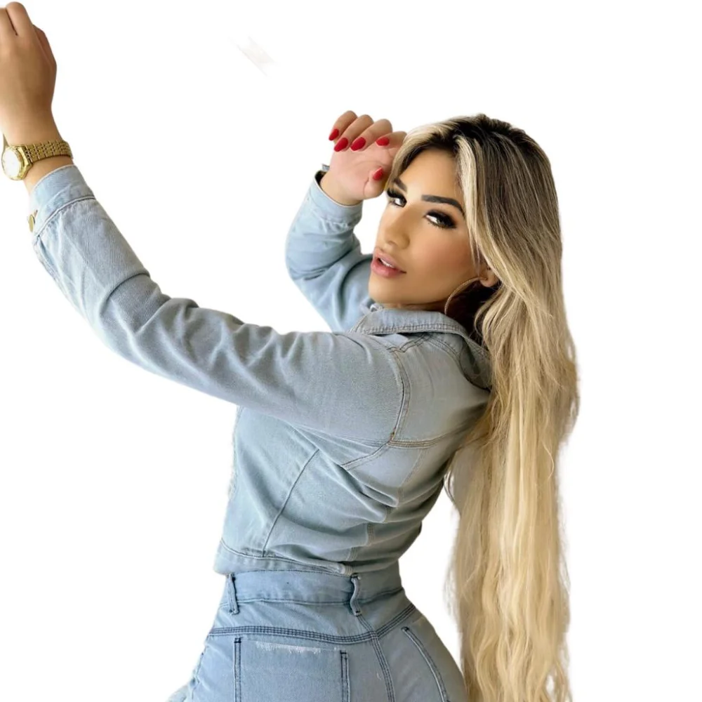 Estilo Moto Jaqueta Jeans Feminina de Inverno JEANS ESCURO