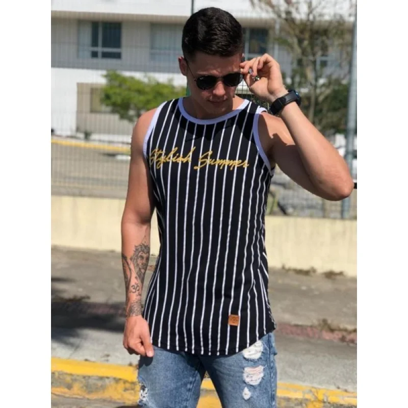 Camiseta listra Longline masculina em malha canelada AZUL MARINHO MALHA