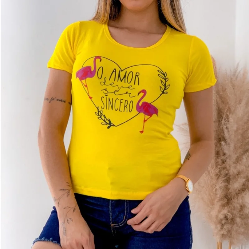 Camiseta Feminina Manga Curta Flamingo T-shirt Marinho