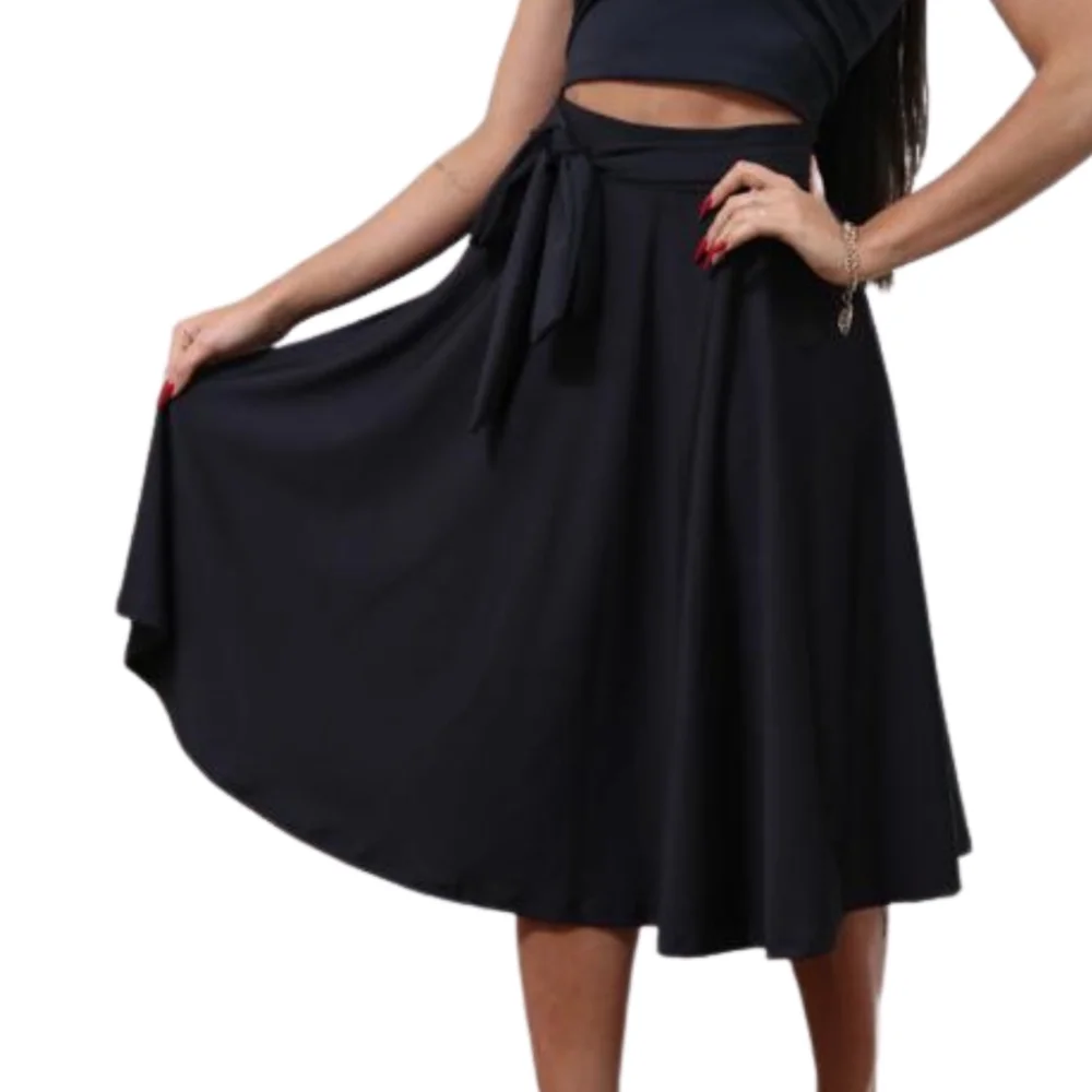 Moda Feminina Evangélica - Saia Midi Godê com Laço Preto