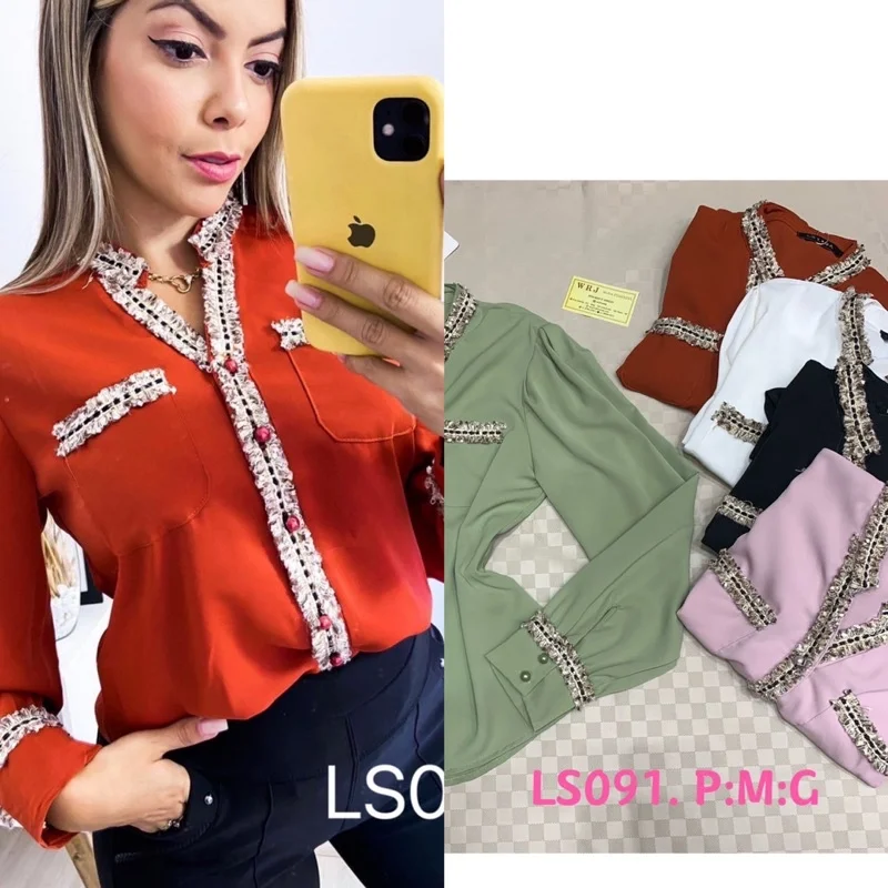 Detalhe moda blusa feminina manga longa LS091 Rosa