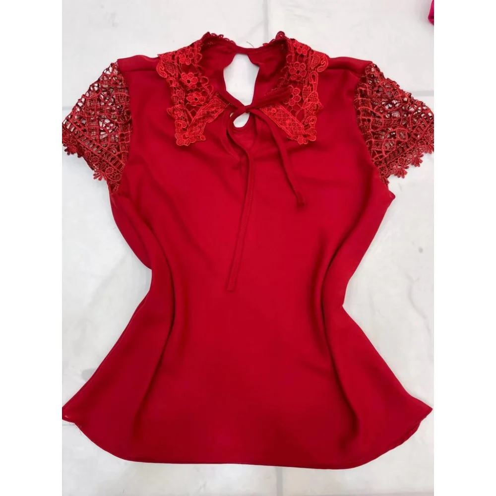 Renda Crepe Blusa Manga Curta Feminina Evangélica Pink