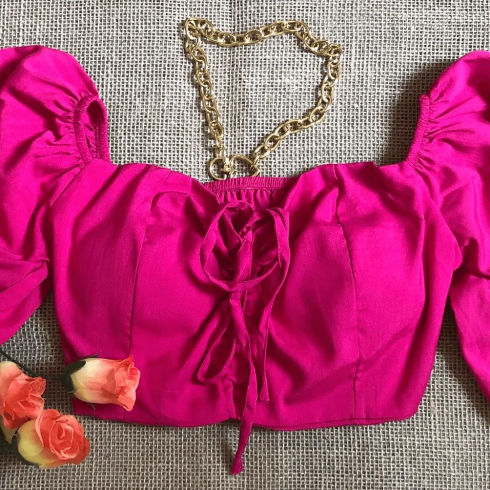 Tamanho Único Cropped Ciganinha em Viscose com Bojo Laranja