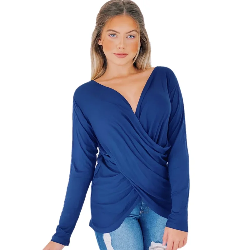 Blusinha Feminina Decotada Manga Longa Transpassada Cruzada em Cores Variadas Vermelho