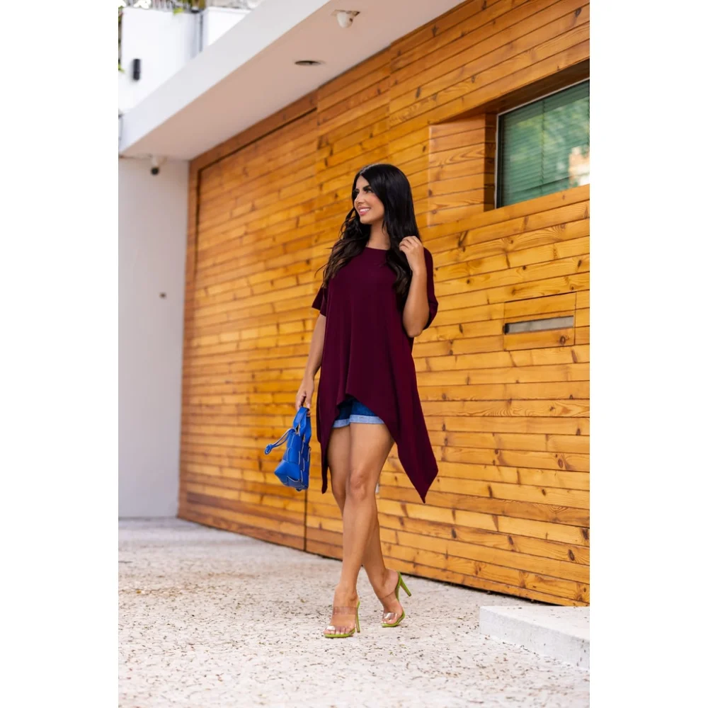 Manga Curta Blusa Feminina Vest Legging Charmosa Com Ponta Bordô