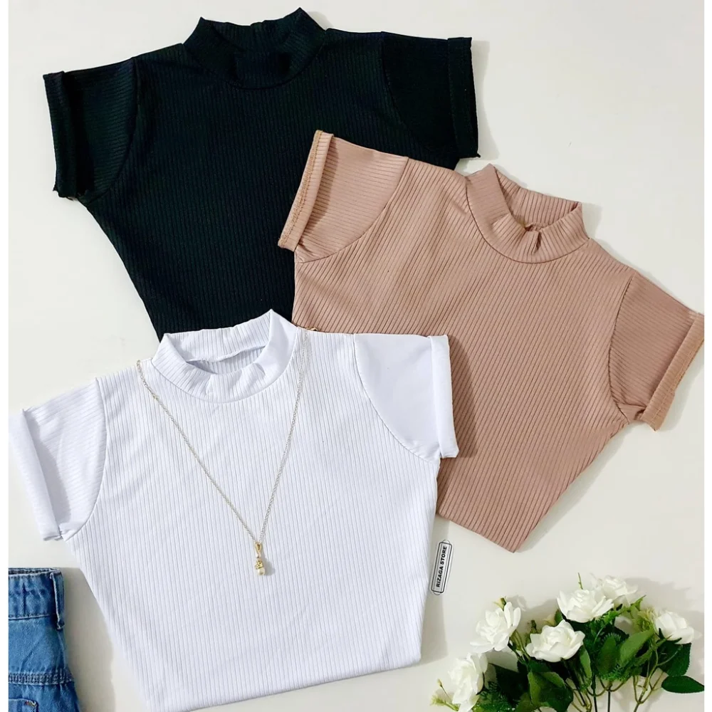 Cores Cropped Manga Curta Feminina - Top Gola Alta Canelada Pink