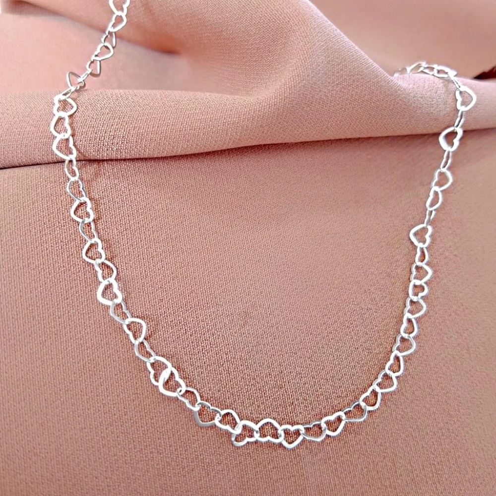 Corrente Feminina Prata 925 Conjunto Colar e Pulseira Coração Fúcsia
