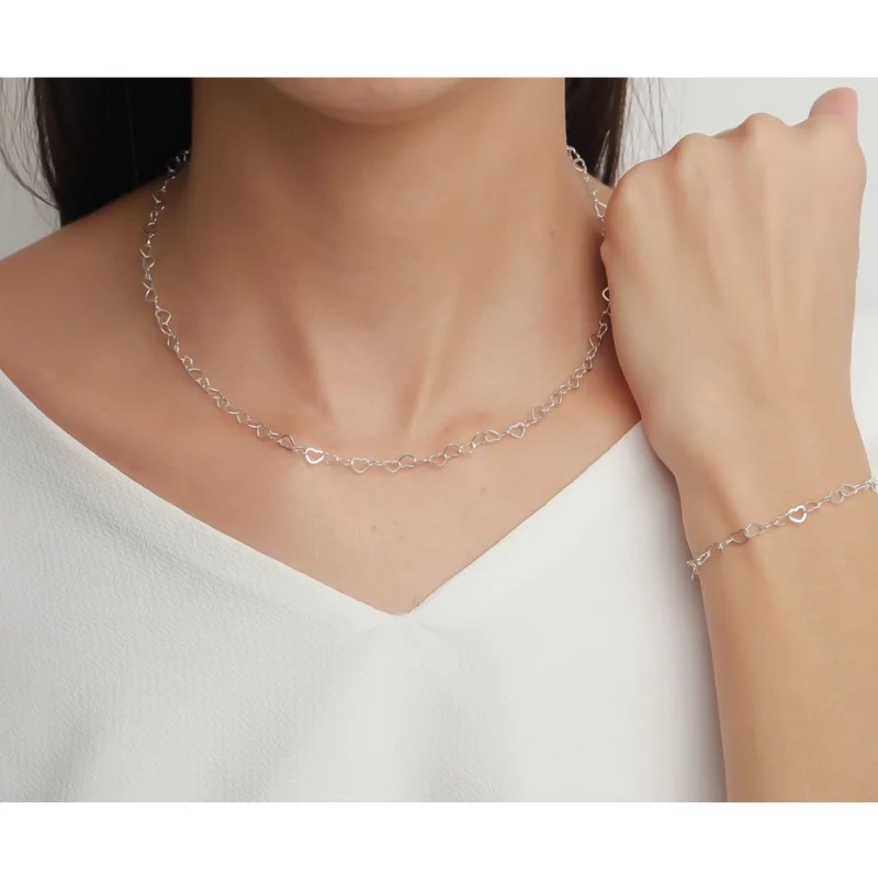 Corrente Feminina Prata 925 Conjunto Colar e Pulseira Coração Fúcsia