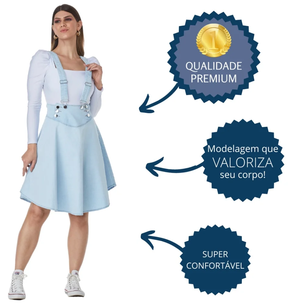 Salopete Jeans Feminino Premium - Jardineira Godê Delave Azul Claro