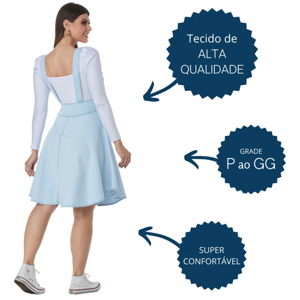 Salopete Jeans Feminino Premium - Jardineira Godê Delave Azul Claro